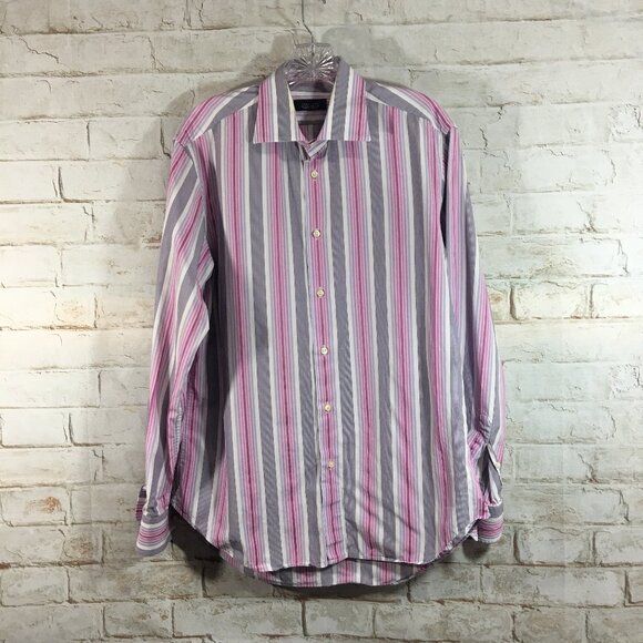 Zara Mens Size 16 Stripe Dress Long Sleeve Button Down Shirt Gray Pink Office - Picture 1 of 8